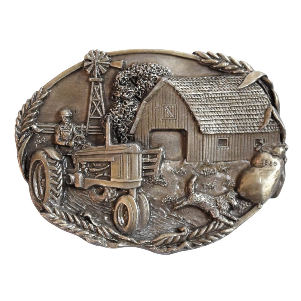 Vtg 1981 Bergamot Brass Works Farm Scene Belt Buckle Tractor Barn Dog USA D-49